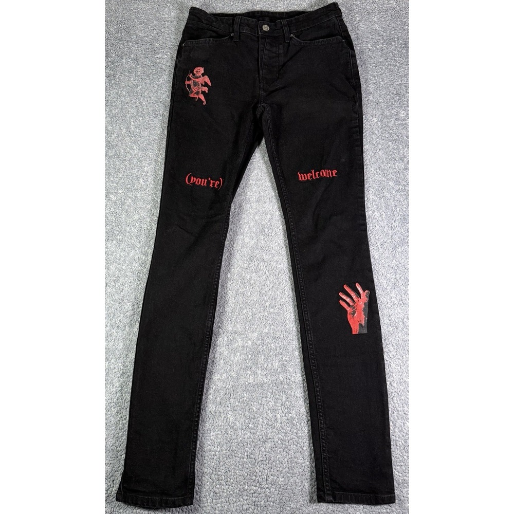 Ksubi Van Winkle Men's 29x32 Black Denim Jeans Red KSUBI Spell-Out Embroidery